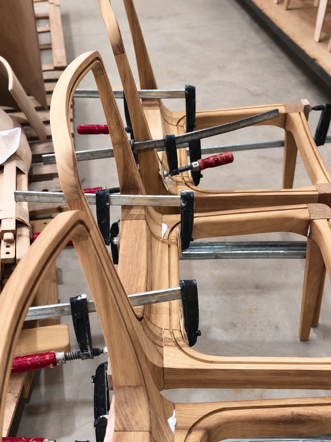 Wooden chair frames being assembled with clamps